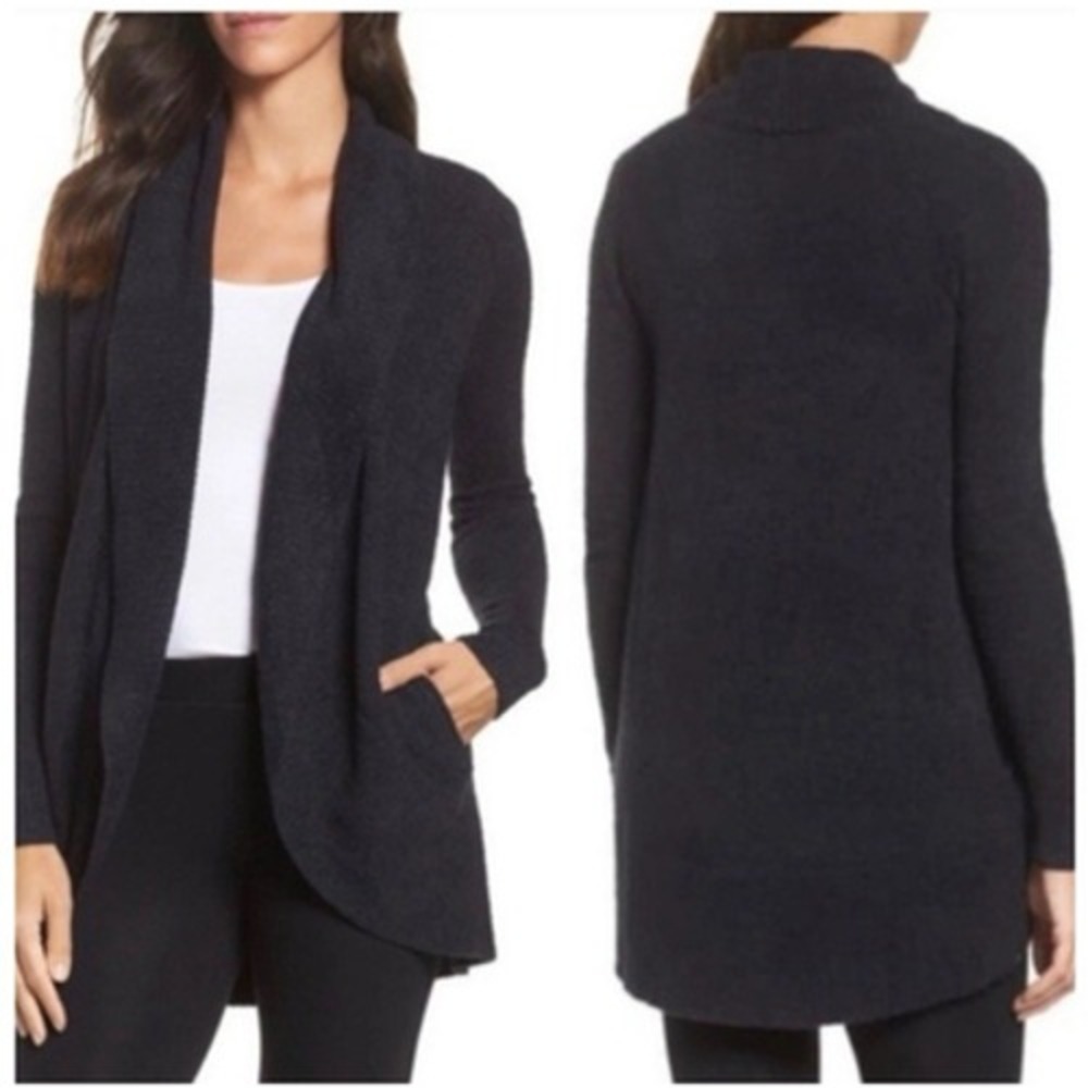 Barefoot Dreams Bamboo Chic‎ Lite Knit Cardigan Open Front Pockets Black